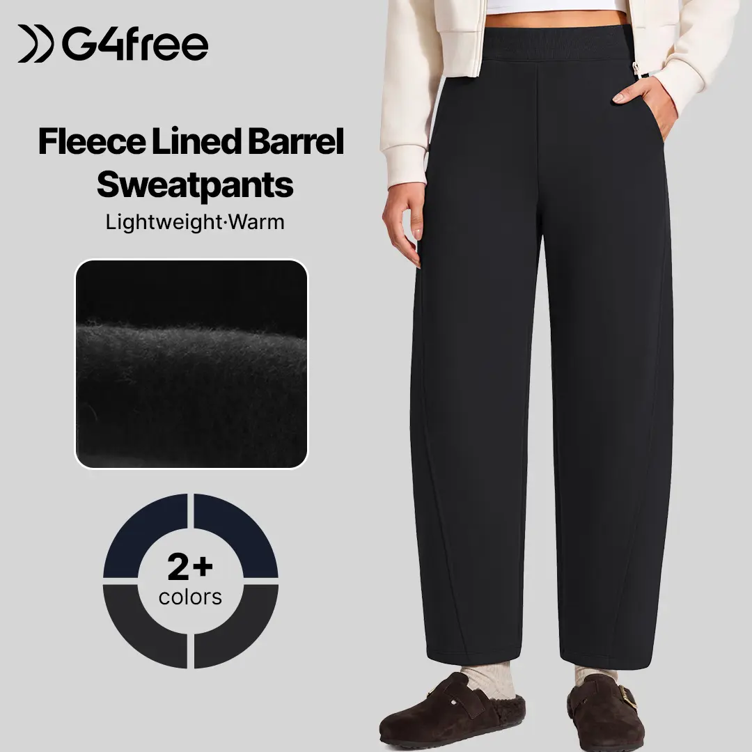 G4Free Flurrylux Women Barrel Sweatpants, Fleece Lined Wide Leg 7/8 Length Pants, Ribbed Elastic Waistband, 2 Curved Side Pockets & 1 Back Pocket, Suitable for 30°F‑60°F, Great for Casual Wear & Lounging