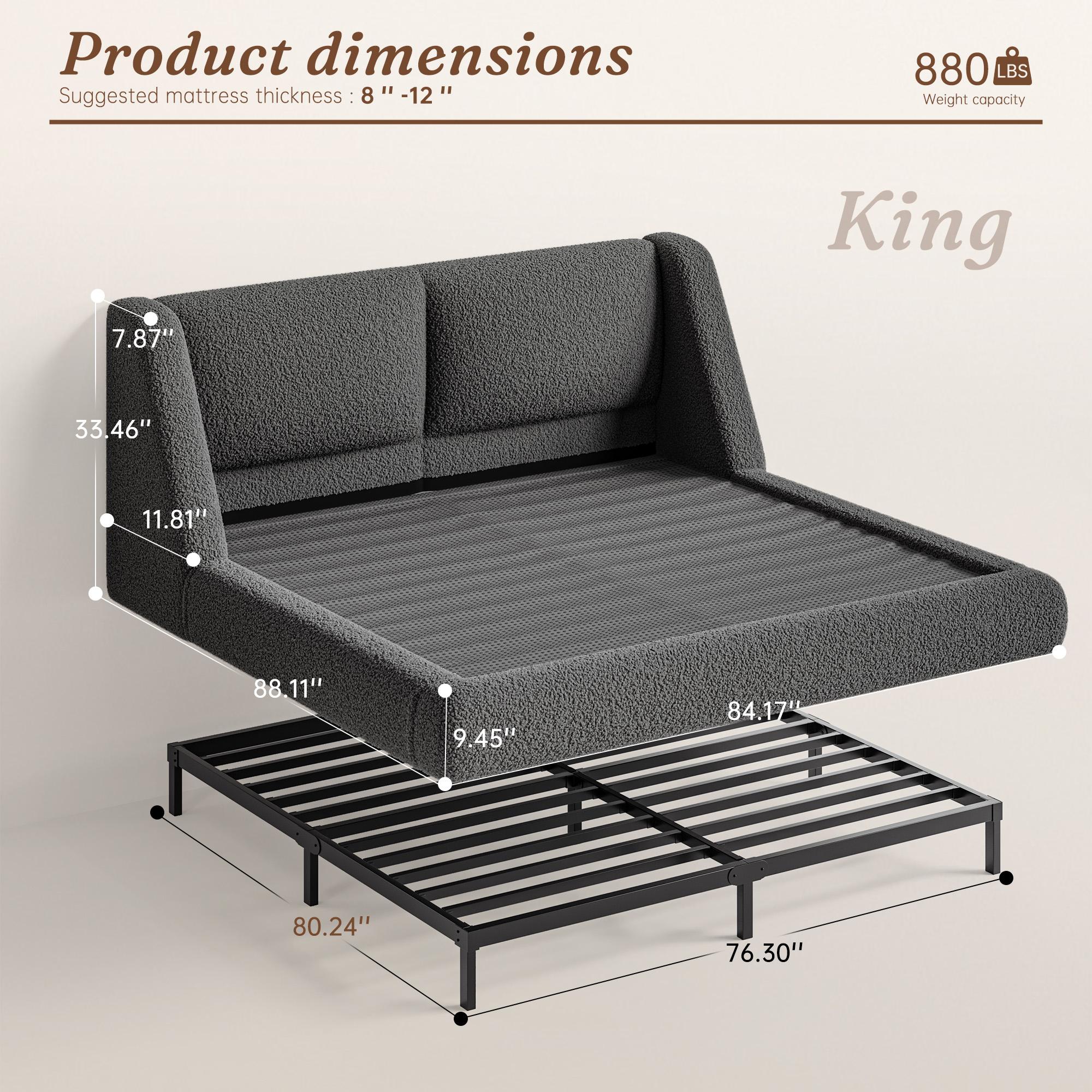 [15 Mins Assembly] Raybee Cloud Bed Frame with 5" Thick Ergonomic Wingback Headboard Soft Boucle Upholstered Low Profile Platform Bed, Bump-Resistant Rounded Corners, Anti-Slip Noise-Free, 880LBS Capacity for Bedroom, Dorms, Apartment, Beige, Black, Gray