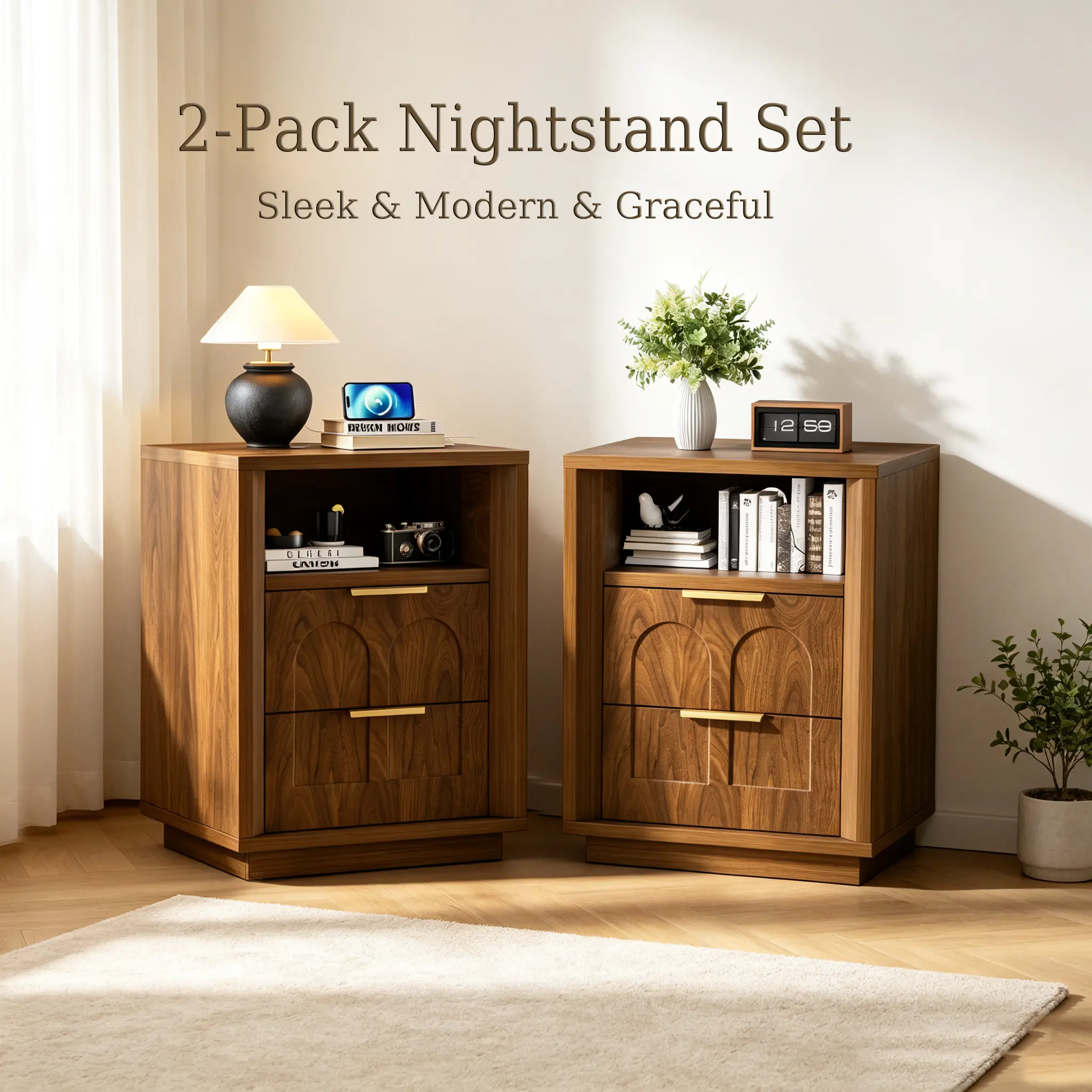 Walnut 2-Pack Nightstand Set with Charging Station, 2-Drawer Bedside Tables, Open Shelf, USB-C & AC Outlets, Metal Handles for Bedroom, Living Room easy clean