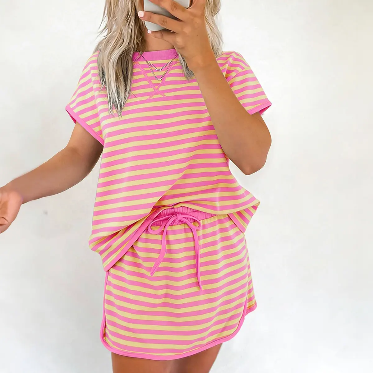 MULLVEIG Women's 2-Piece Stripe Dolman Sleeve Top & Adjustable Drawstring Skirt Set, Casual Summer Athleisure Loungewear Clothes Outfit Womenswear Elegance