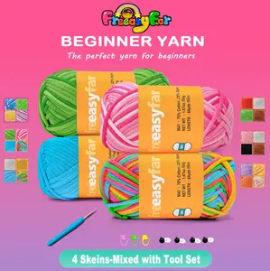 Beginner Crochet Yarn,4 Pack Soft Cotton Blend Yarn for Crocheting and Knitting; Worsted-Weight Medium #4;Yarn kit with Tool set(Mixed Packaging, 4 Skein)