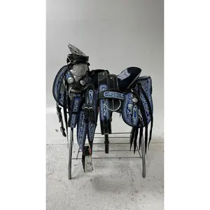 Charro Saddle – Black Leather with Blue Embroidery & Silver (15.5”)