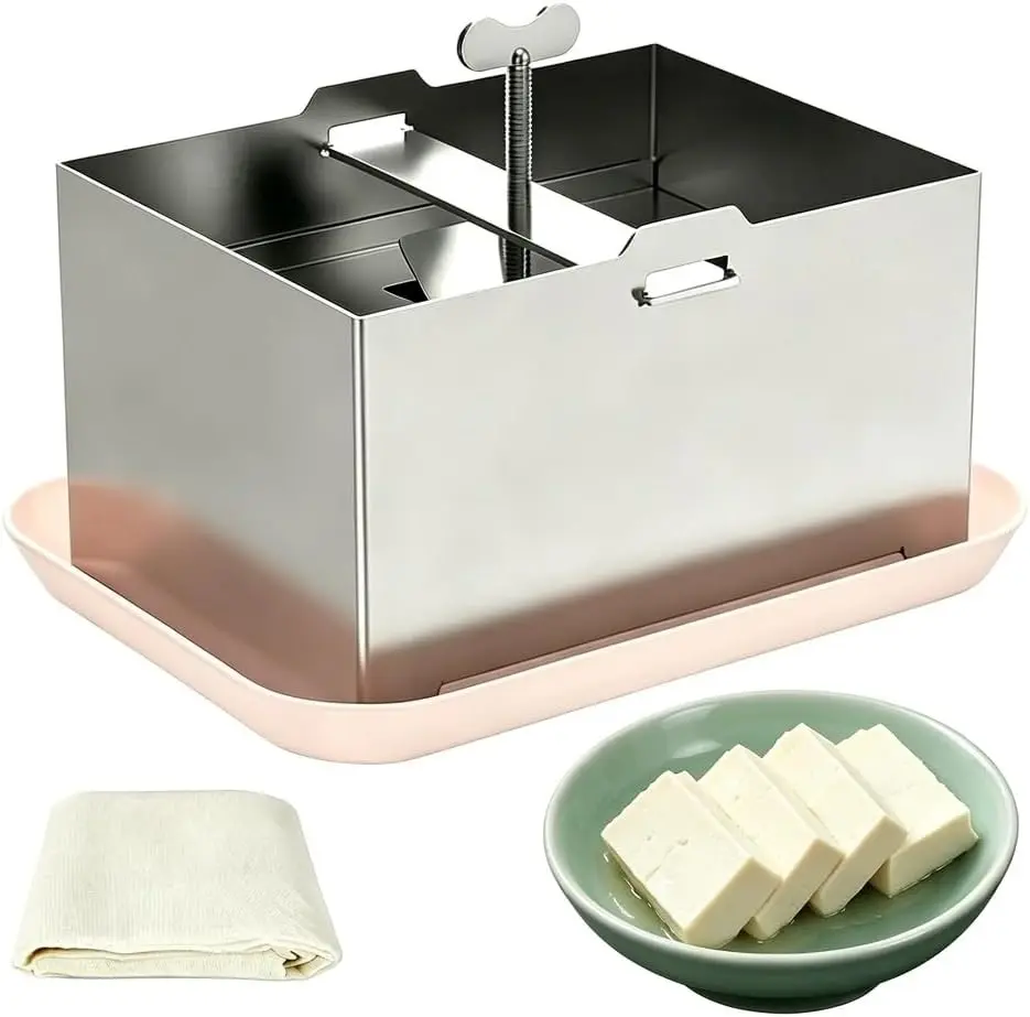 Stainless Steel Tofu Press with Presser Towel & Drip Tray – DIY Tofu Maker for Homemade Firm Tofu, Paneer & Cheese – Effortless Water Removal for Enhanced Texture & Flavor