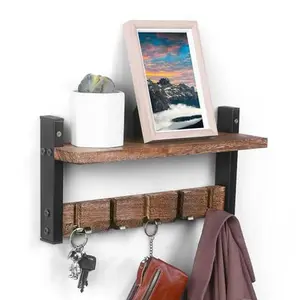 Whimsii Coat Rack Wall Mount with Shelf, 16" with 5 Flippable Wall Hooks for Hanging, Rustic Wood & Reinforced Iron, Entryway, Living Room, Bedroom, Bathroom