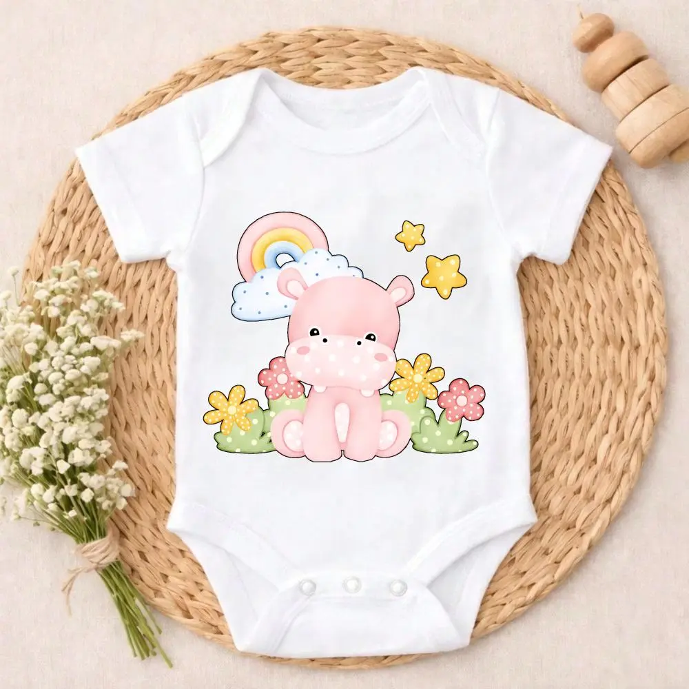 Unisex Infant Cotton Baby Bodysuit Romper - Pink Hippo, Rainbow Flowers, Stars, Breathable, Lightweight, Simple Style, Snaps - Valentine's Day Gift for Coming Home, Baby Shower (0-24M Sizes Including 0-3M), Clothes, 12M