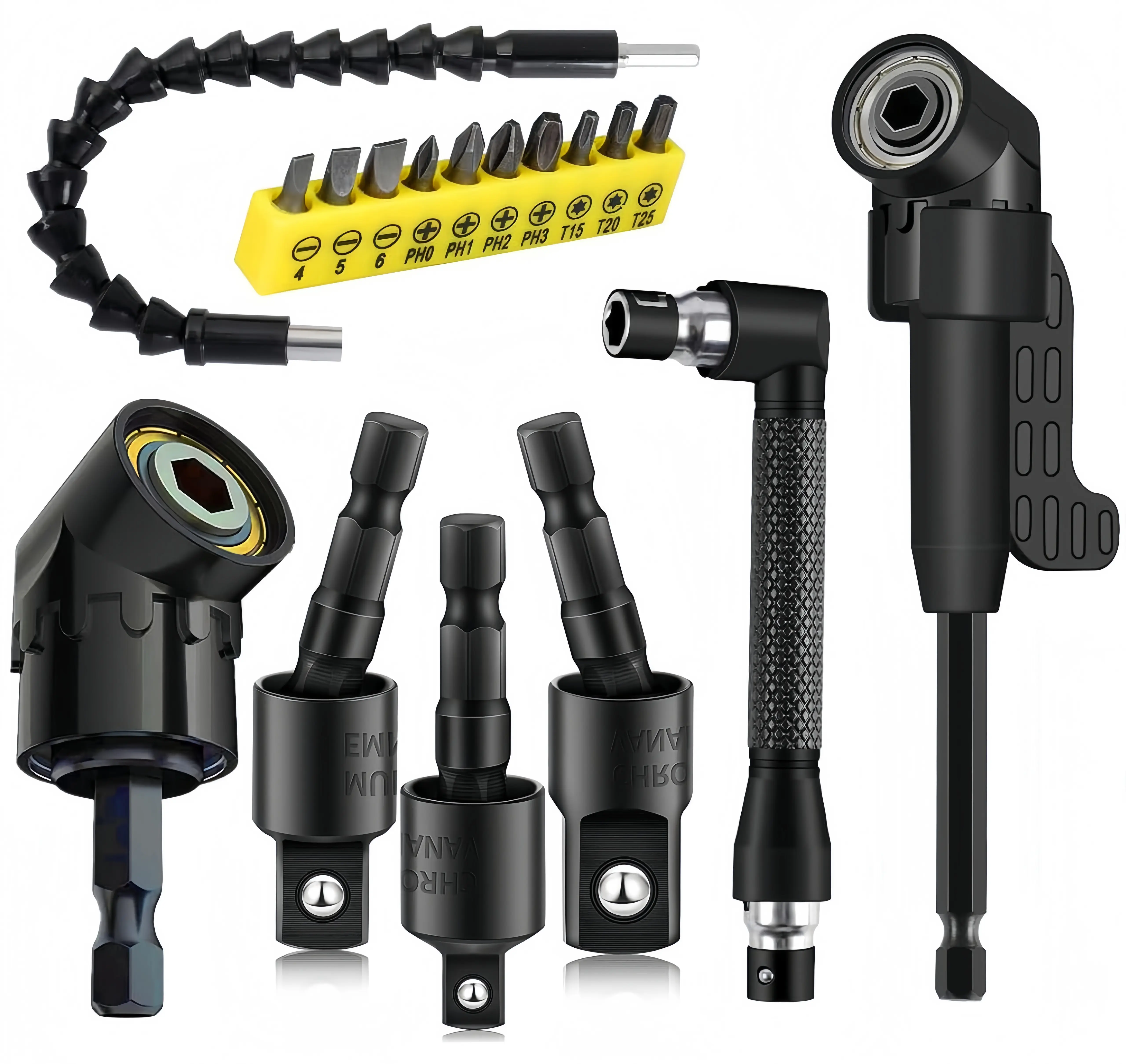 【FathersDayGift】17Pcs Flexible Drill Bit Extension, Include 3Pcs Rotatable Socket Adapter 2Pcs Hex Shank 105° Right Angle Drill Attachment 10 Short Screwdriver Bits 90° Angled Bits and Bendable Extension