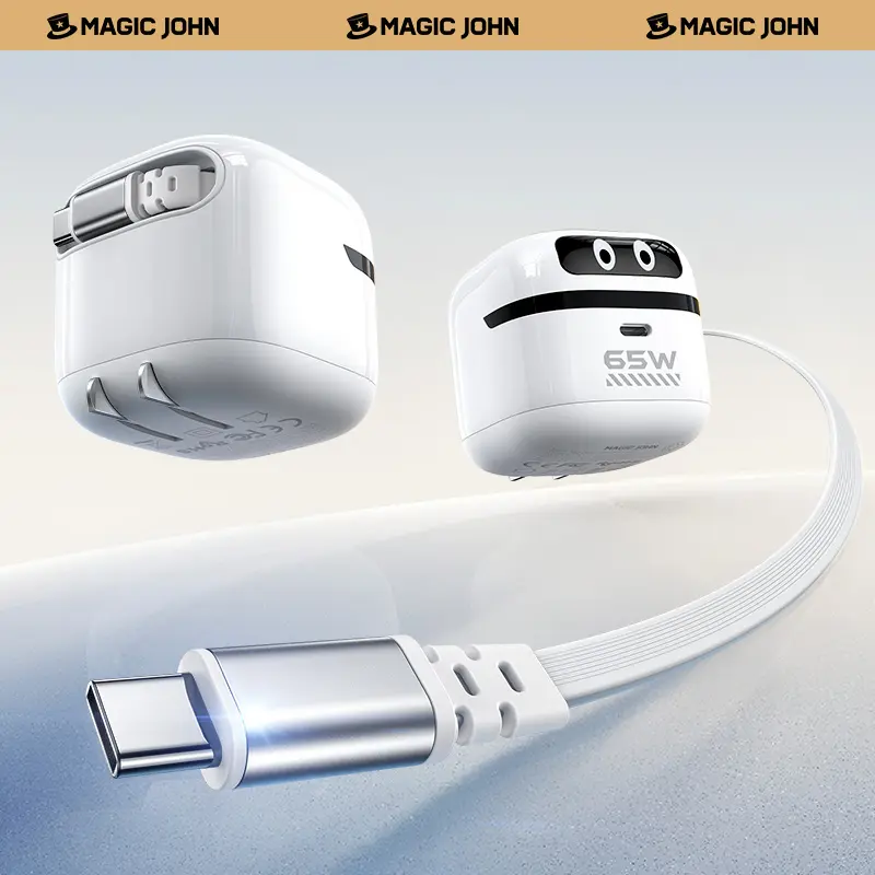 NEW - MAGIC JOHN GaN Charger Compatible with 65W Fast Charger with Retractable Type-C Cable, Dual-Port Output, Safer Charging, Paortable for iPhone, iPad, Macbook, Airpods, and Android