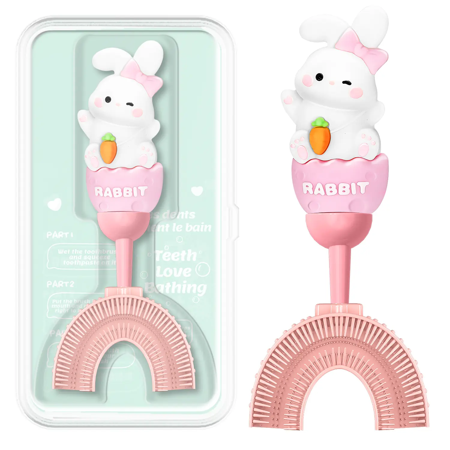 Manual U-Shaped Toothbrush for Kids Ages 2-7， Soft Food-Grade Silicone for Sensitive Gums， 360° Teeth Cleaning Design，Training & Travel-Friendly Toddlers' Toothbrush (Pink) Box Oral
