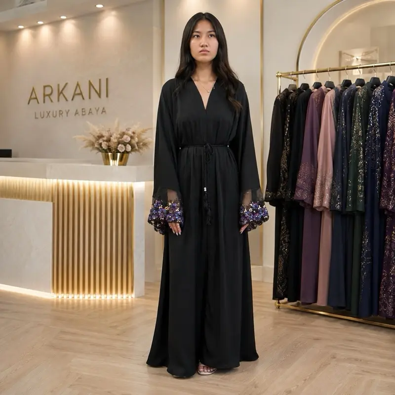 Hand Made Dubai Abaya - Black with Intricate Floral Embroidery Design