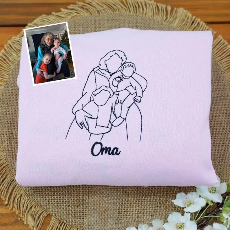 Custom Embroidered Oma Sweatshirt from Photo – Personalized Mom and Child Portrait Hoodie – Mother’s Day or Birthday Gift for Mom