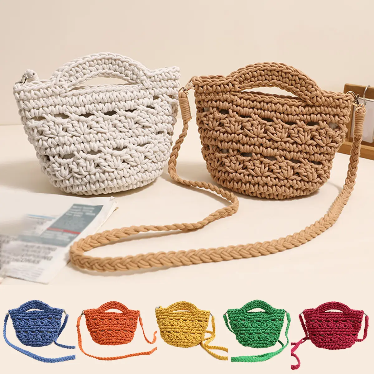 Women's Sweet Chic Cotton Crochet Crossbody Messenger Bag - Casual Plain Style with Magnetic Fastening, Cotton Thread, Shoulder Strap, Multi-Use, Cold Wash, Holiday Use, Fabric Bag for Makeup Products