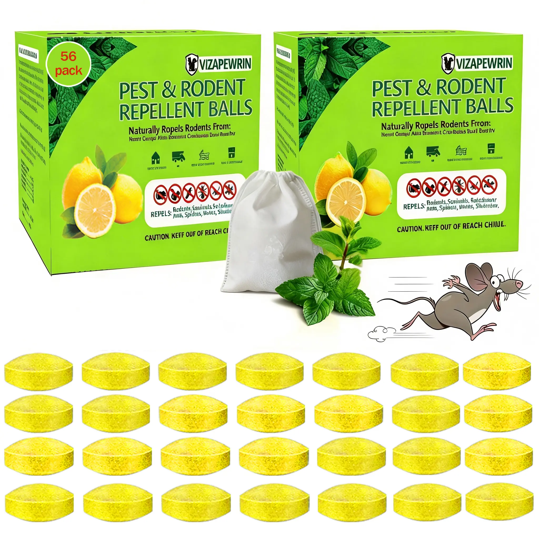2 box-Rodent Repellent ball (56 pack)– Natural Indoor & Outdoor Control for Mice and Rats – Plant-Based, Extra-Strong Formula - Safe for Pets & Kids, 30-60 Days Effective Mouse Deterrent-VIZAPEWRIN certified