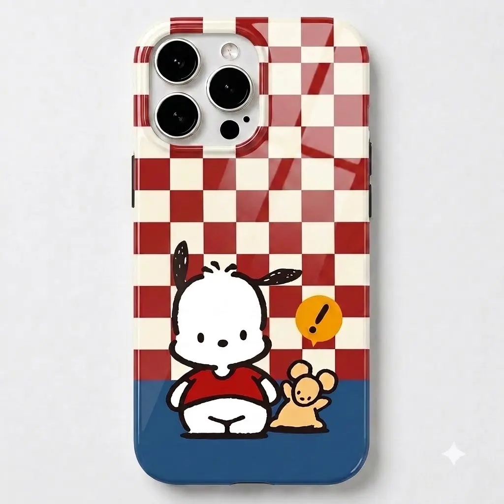 Kawaii Pochacco Puppy & Mouse Red Checkboard Glossy TPU Plastic Phone Case for iPhone Series 11-17, Dual-Layer Shockproof Tough Cover, Gamer Gift
