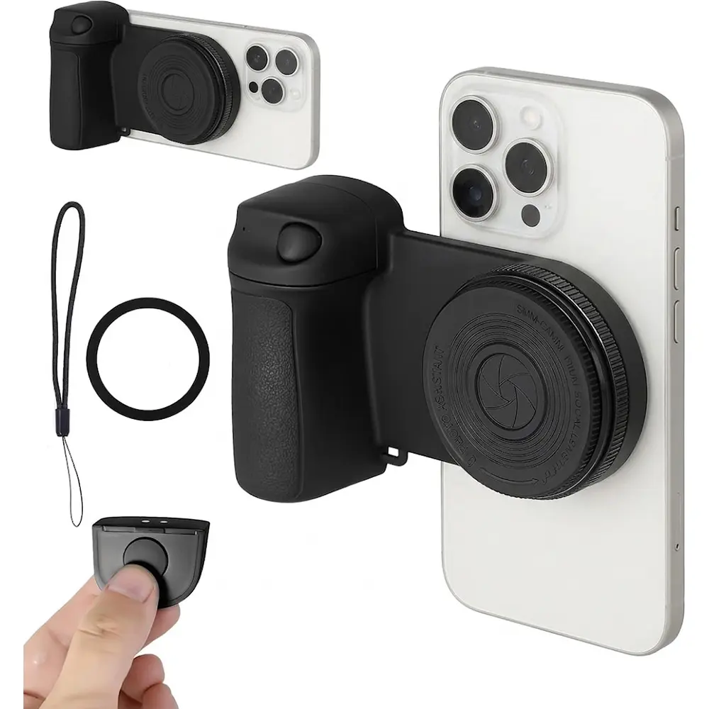 Magnetic Phone Camera Grip with Adjustable Fill Light & Bluetooth Remote, MagSafe-Compatible Handle for iPhone, Selfies & Vlogging