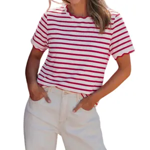 Asvivid Women's Stripe Scalloped Trim Round Neck T Shirt Summer Tshirt Striped Casual Crewneck Shortsleeve Top Womenswear