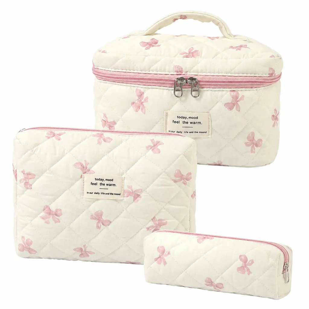Goddess Bow Printed Makeup Bag Set 3PCS Quilted Cotton Make Up Bag Travel Cosmetic Bag Large Makeup Bag Set Cute Bow Makeups Purse Organizer Floral Toiletry Pouch organizer bag Zipper