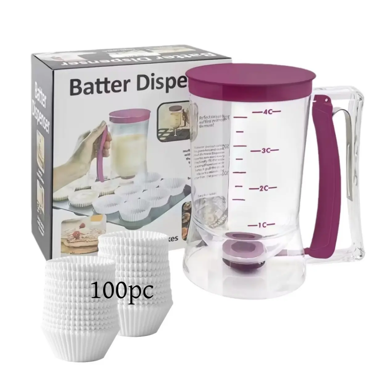 Pancake Batter Dispenser With 100 Count White Cupcake Liners Grease-Proof Baking Cups Paper, Pastry Butter Dispenser,Bakeware Maker with Measuring Label,Perfect Baking Tool for Any Baked Goods, Baking Utensils