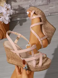 Women Cork Wedge High Heel Sandals Summer Fashion Stylish Elegant Classy Cross Strap Ankle Strap Platform Heeled Sandals Open Toe Comfortable Lightweight Beach Vacation Casual Walking Shoes