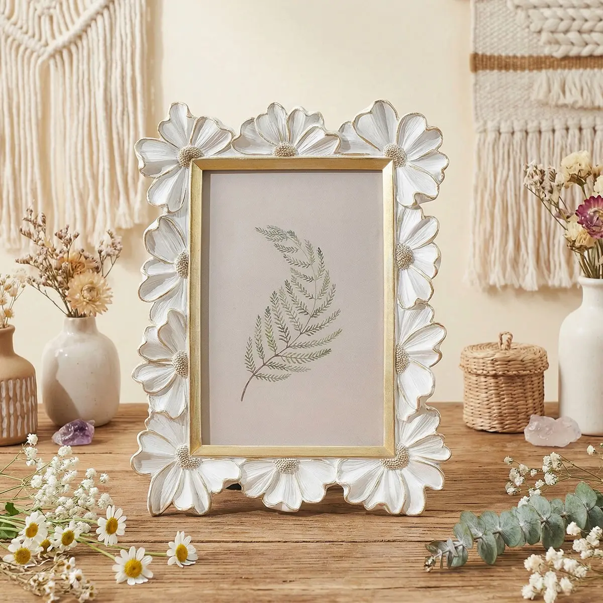 Resin Material Daisy Flower Photo Frame, Flower Design, Square Picture Display Stand, Home Desktop Decorative Frame, Versatile Use, Home Office Frame, Modern Frames, Picture Frames For Desk