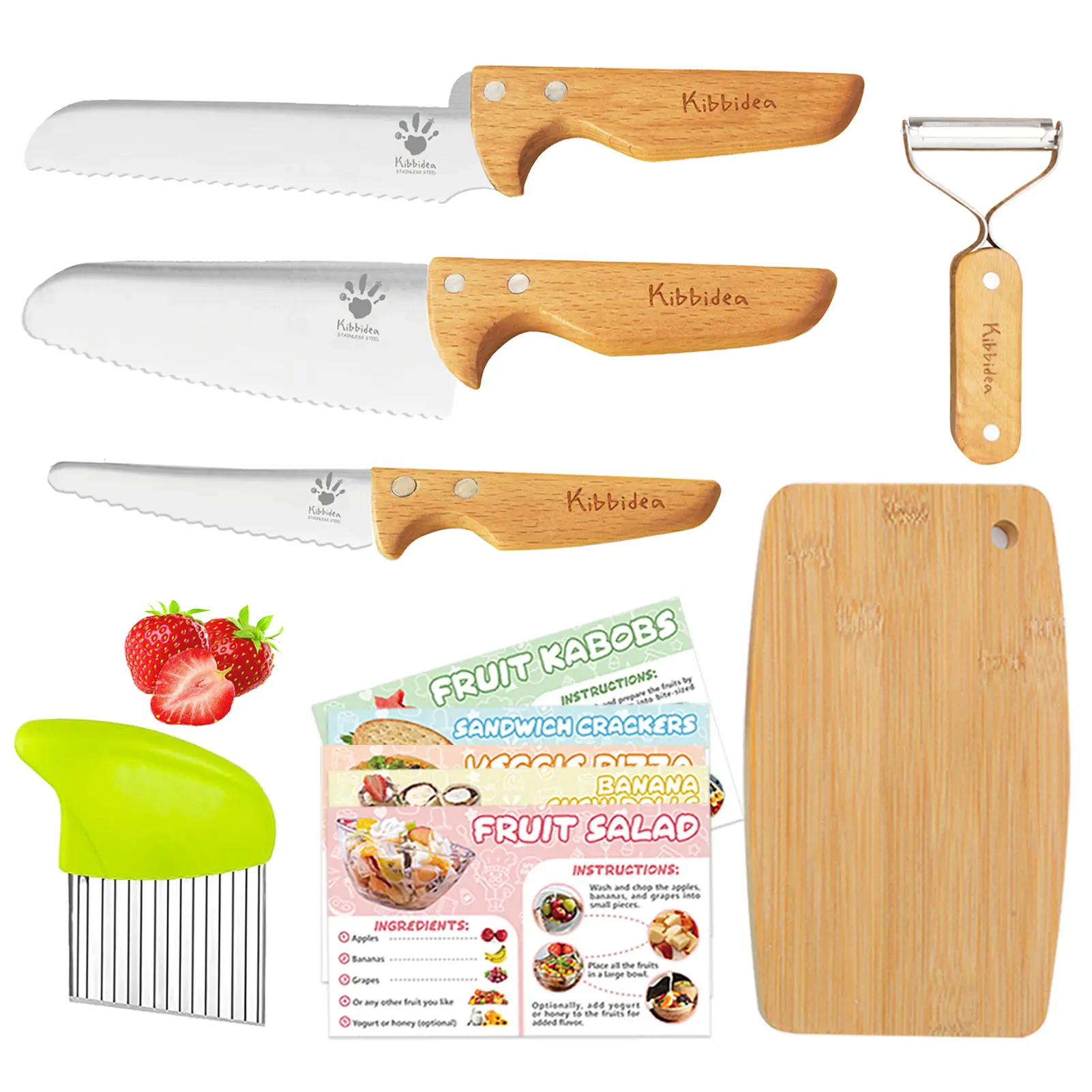 Kids Safe Knife Set for Real Cooking 11 PCS, BPA-free Kids Cutting Board and Knife Set，Children Kitchen Chef Knife Set, Stainless Steel Blade