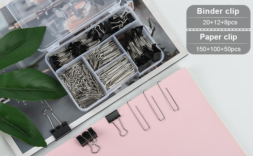 340PCS Binder Clips & Paper Clips Set Assorted Sizes 15mm 19mm 25mm 28mm 33mm 50mm in Reusable Storage Container for Office School