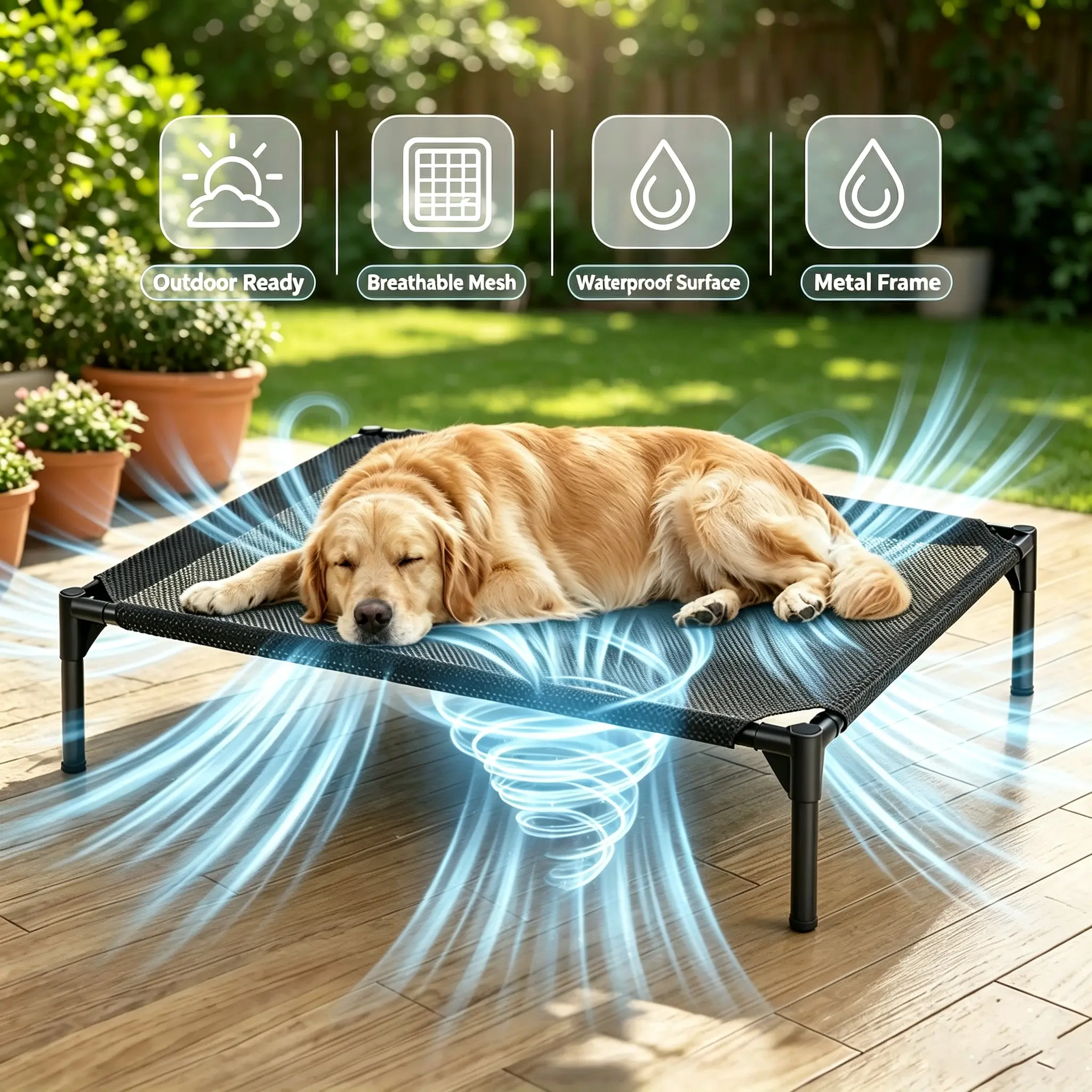 Cooling Elevated Dog Bed with Sturdy Metal Frame, Waterproof Scratch-Resistant Fabric, Breathable Raised Pet Cot, Moisture-Proof Off-Ground Design, Easy Washable Mesh Bed Supports Large Heavy Dogs, Non-Slip Durable Pet Bed for Indoor & Outdoor Use