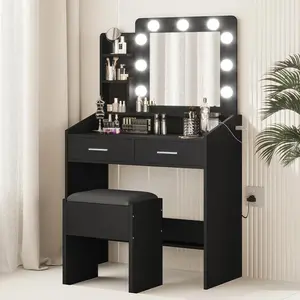 Vanity Desk with Mirror and LED Lights - Makeup Vanity Desk with Power Outlet and Cushioned Stool - Dressing Table with 2 Drawers and 3 Lighting Modes Adjustable Brightness for Bedroom - Black