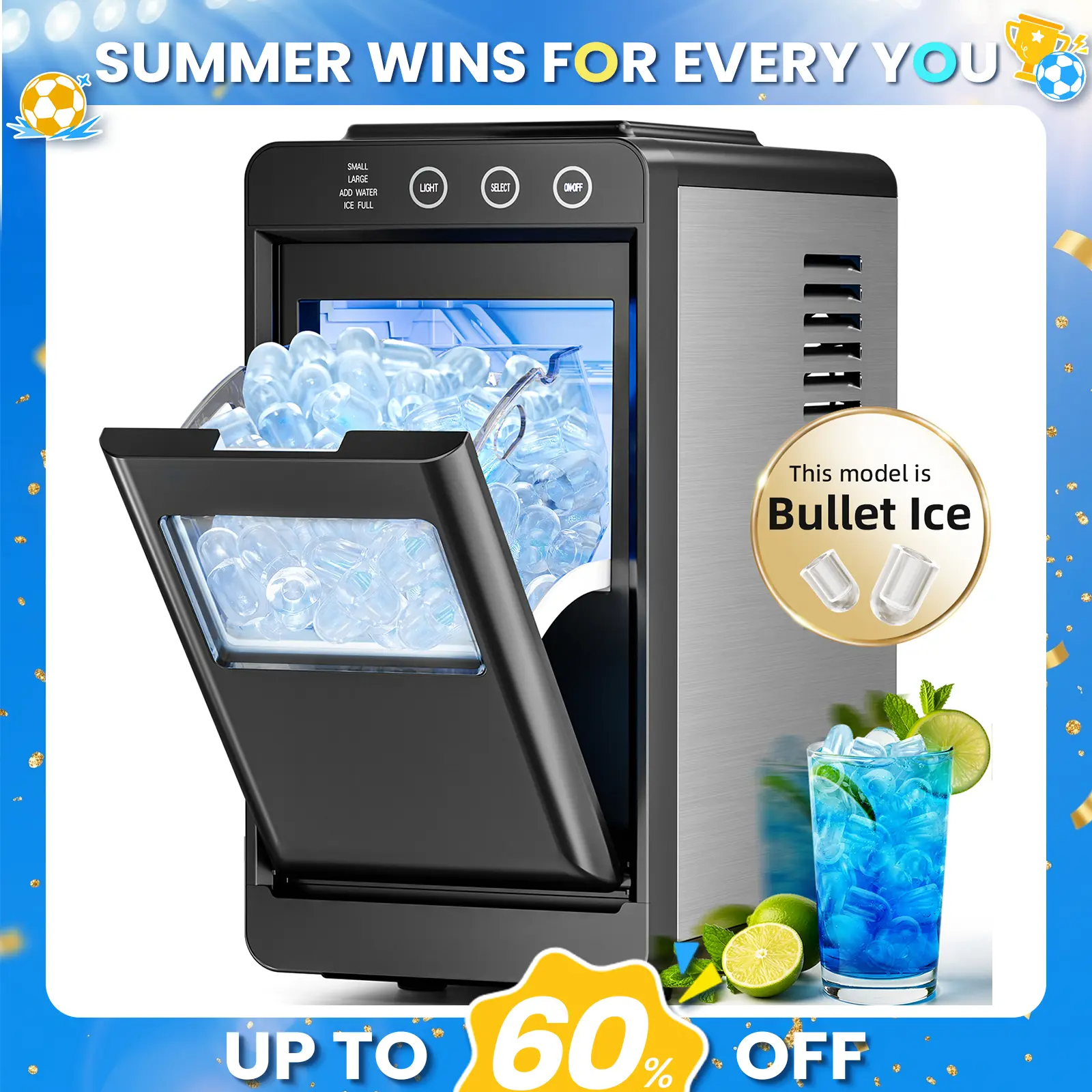 Electactic Countertop Ice Maker with 1.9L Dual Water Tanks & LED Control, Makes 8 Bullet Ice Cubes in 6 Mins, 26.5 lbs/24H, Selectable Size, Auto-Cleaning, Portable with Basket & Scoop for Home/Kitchen/RV/Camping
