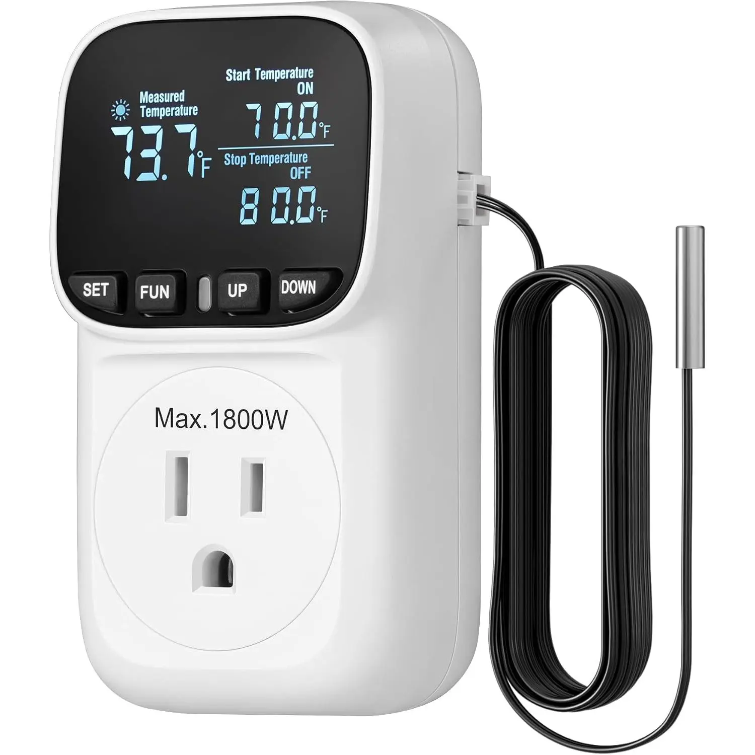 SQ-PNC002 Digital Thermostat Controller, Heavy Duty 15A/1800W Outlet Plug with VA Display, Heating and Cooling Modes, Self-Illuminating Font Technology, Thermostat Timer, -40℉~210℉ Cyclic/Countdown Timing, for Incubator Greenhouse, Cyclic Timing/Countdown