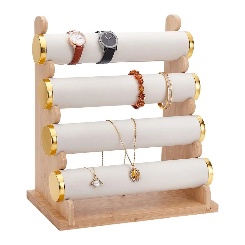 Minimalist Sturdy Wood Jewelry Organiser - Velvet-Lined, 4-Layer Detachable Storage Compartment, Durable, Easy Installation, Sturdy Wood Feels Solid and Refined, Bangle Bracelet Watch Display Stand for Home Decor, Gifting