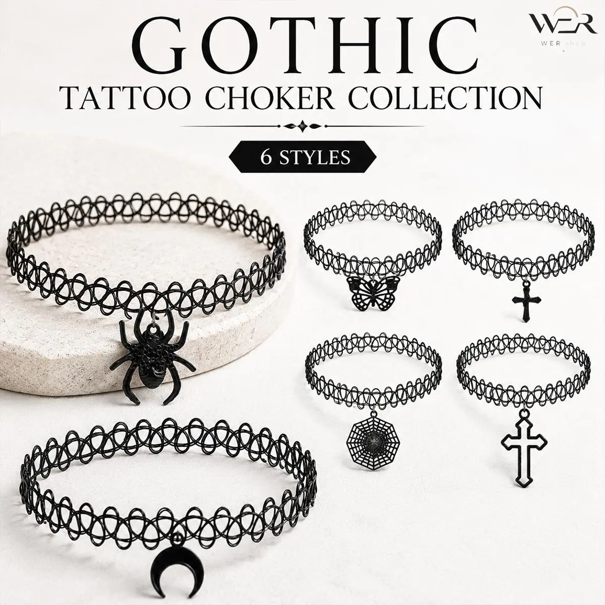 Women's Gothic 6-Piece Choker Necklace Set - Black Lace-Look Tattoo-Inspired Jewelry with Spider, Moon, Web Pendants, Animal Accents, Mysterious Vibe for Casual Alternative Daily Wear, Female, Comfortable, Insect, 6 Styles