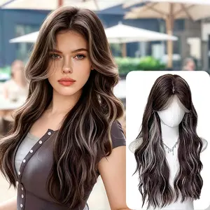 Lotfon Women's non-adhesive synthetic wig, Brown with white highlights big wave style, adjustable head circumference, comfortable fit, easy to wear, lightweight and breathable, instantly changes your style, suitable for daily wear and cosplay. Glueless Wi