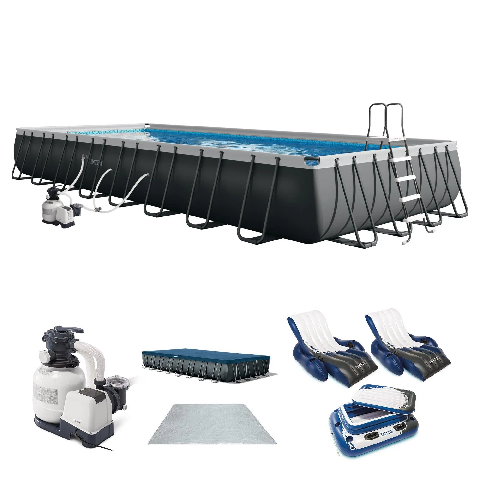 INTEX 32ft x 16ft x 52in Ultra XTR Rectangular Pool , Floats (2 Pack), & Cooler