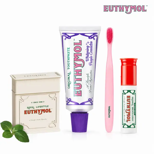 Euthymol Affordable Glossy Teeth Routine Set (Pink/Purple) - Removes Coffee & Tea Stains, Instantly Brightens Yellow & Sensitive Teeth, 1100ppm Fluoride, Cavity Protection, Toothbrush, Dental Floss, Mouth Breath Spray, Korean Oral Care