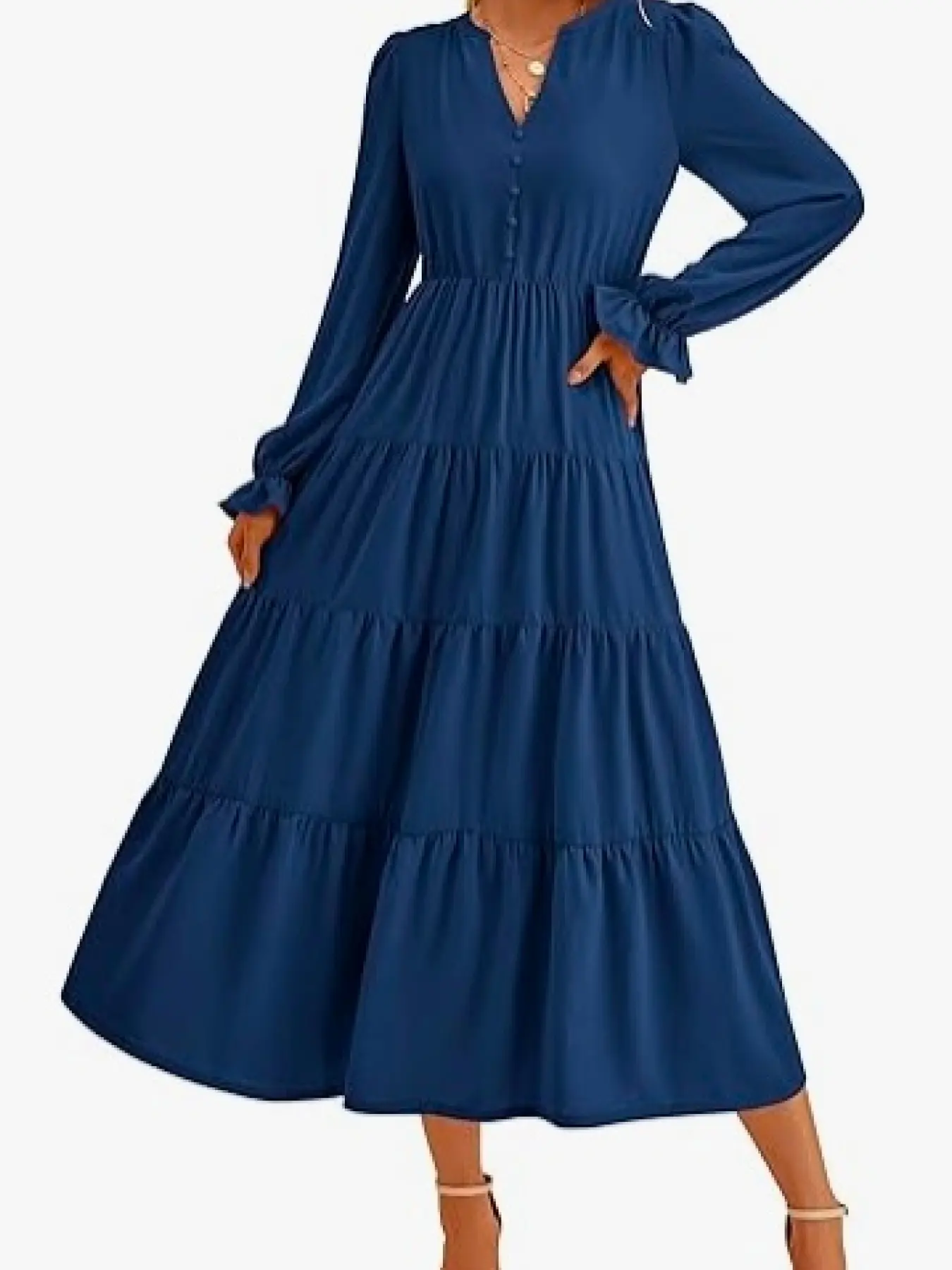 A women's V-neck button decoration retro elegant overall version waist multi-layer ruffle dress, suitable for autumn and winter, suitable for retro commuting style, dinner party style and other styles, Ruffle Detail Dress, Long Sleeve Dresses