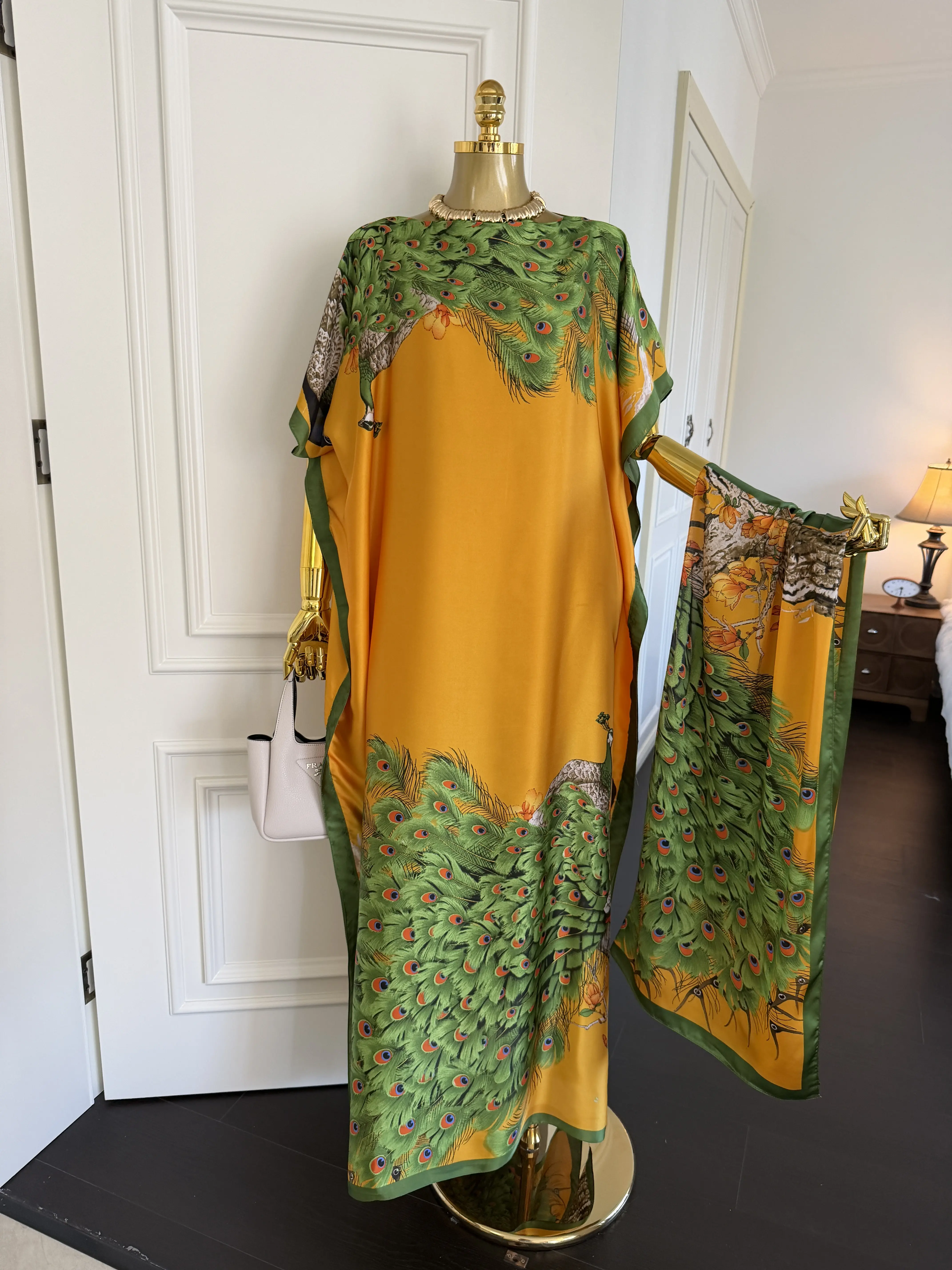 Women's Blue-Yellow Peacock Print Cape Shawl & Long Scarf Set, Quick Beach Layer, Elegant Swimsuit Cover-Up for Holiday Vacations