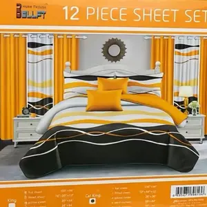 Bellft Home Fashion 12-Piece Sheet Set  King Modern Bold Design with Wavy Lines Black White Grey Mustard Yellow 100% Polyester Complete Bedroom Makeover