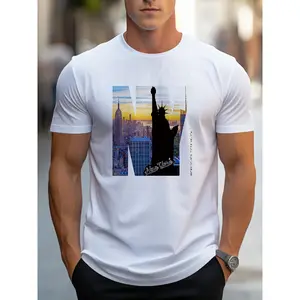 Men'S Casual Crew Neck T-Shirt with NY City Skyline Print, Alphabet Slogan, Polyester Knit Fabric, Slight Stretch, Regular Fit, Summer Wear - MBDMBD