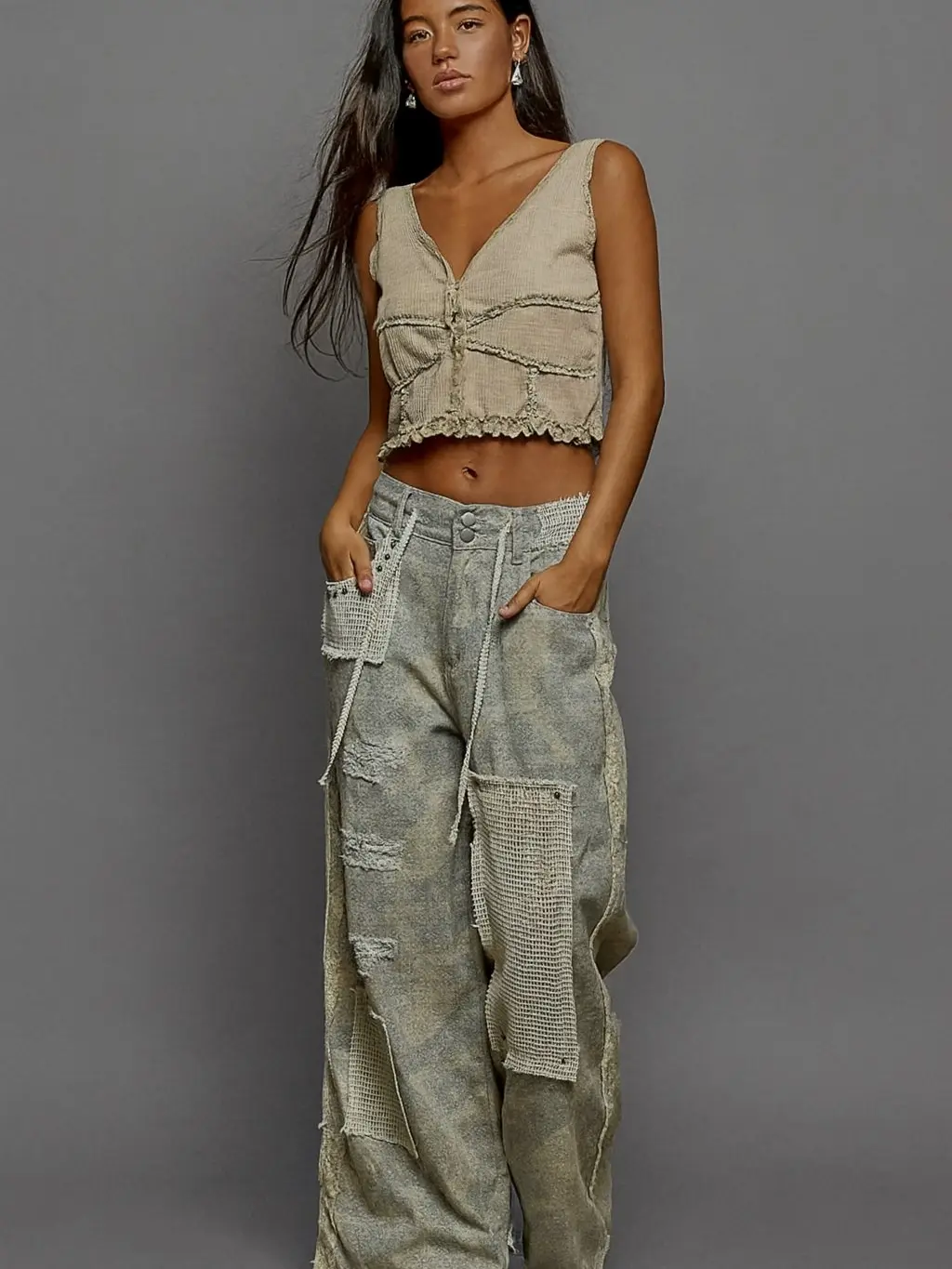 Pedal and Pine POL Baggy Denim Pants with Stud Detail Mid Waist Stylish Comfortable Versatile Design for Everyday Wear All Seasons