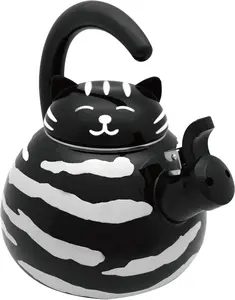 Enamel on Steel Whistling Tea Kettle, Stovetop Teakettle (2.1 Quart, Black Cat)