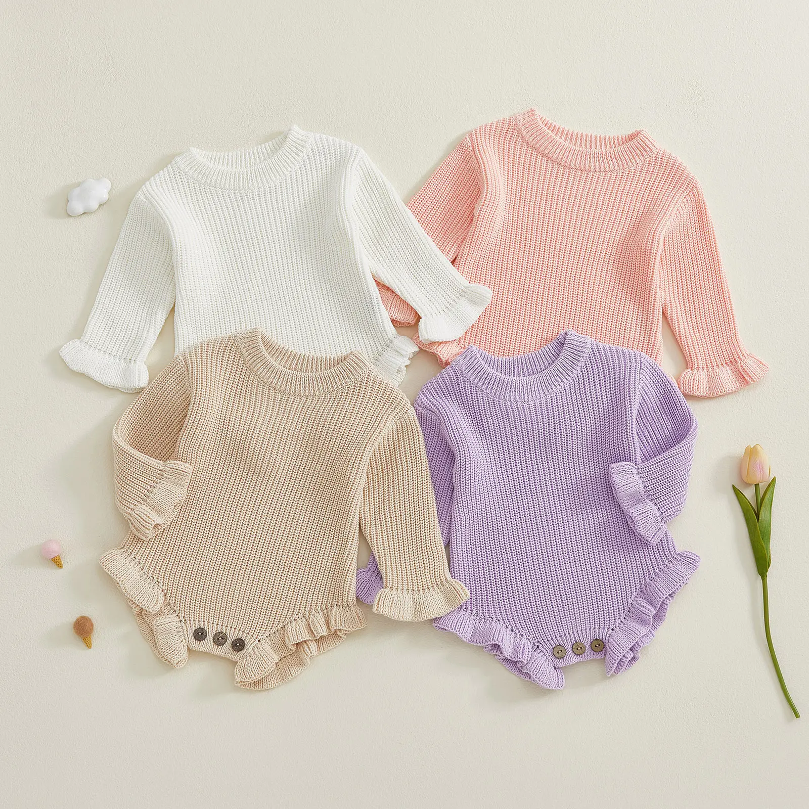 Canrulo Baby Girl Knit Ruffle Romper Oversized Long Sleeve Crewneck Sweater Bodysuit Warm Knitted Winter Clothes