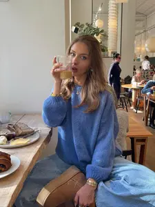 Women's Soft Loose Knit Sweater, Blue Comfortable Casual Autumn Winter Long Sleeve Pullover, Perfect for Daily Wear, Knitwear