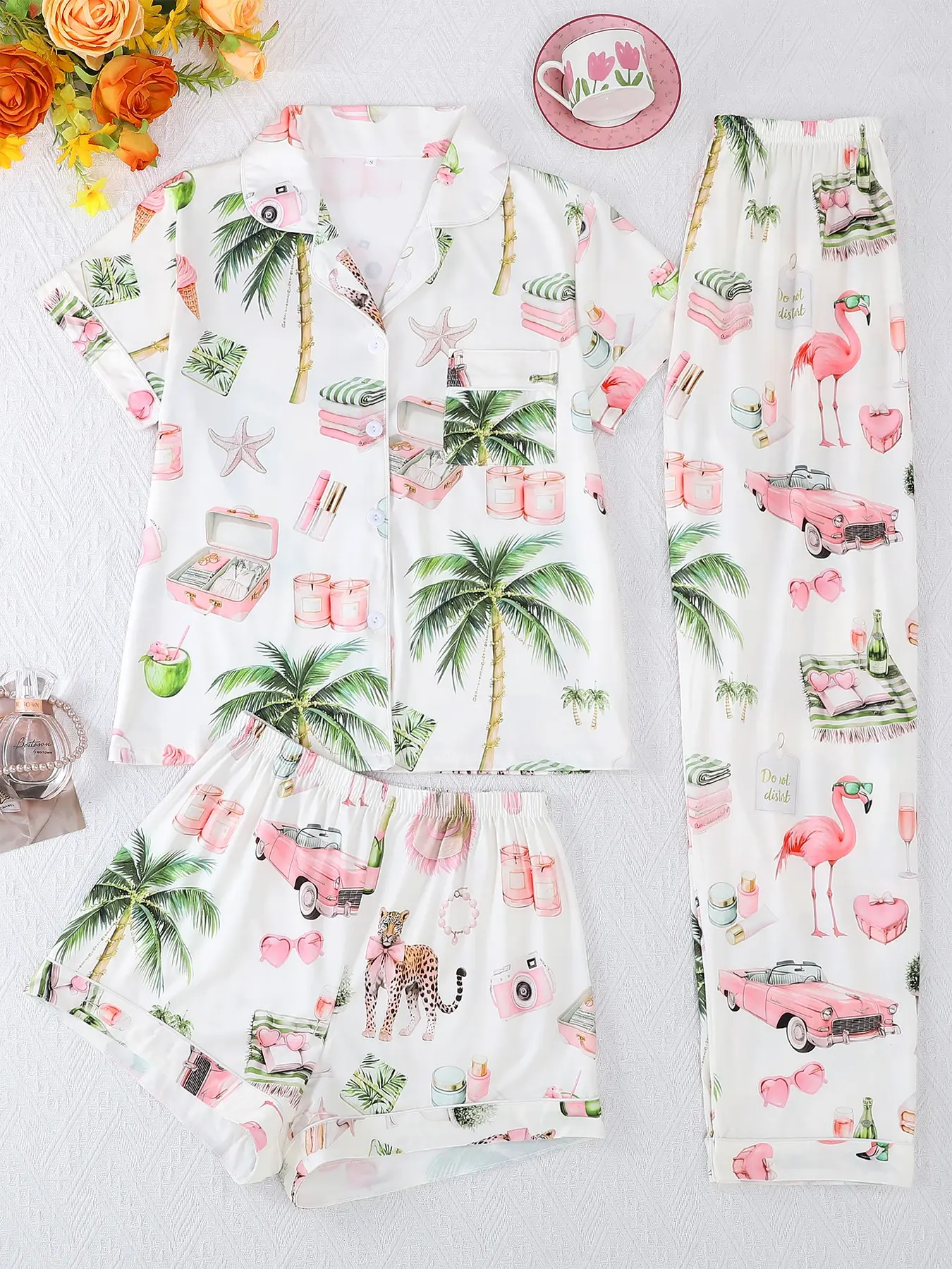 Women's Casual Coconut Tree Print Sleepwear Set, Button Front Short Sleeve Top & Loose Comfortable Shorts & Pants Pajama Set for All Seasons