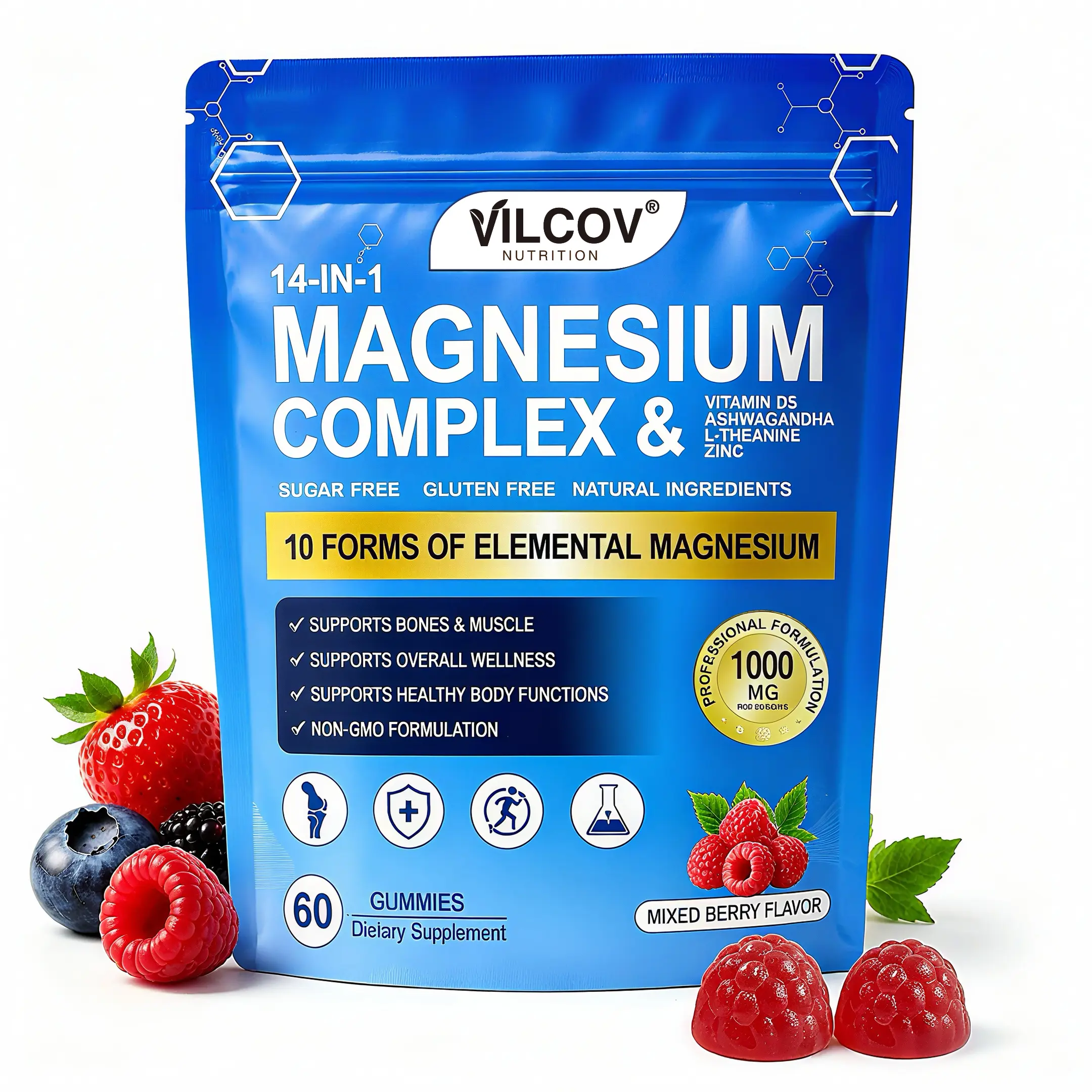 VILCOV 14-in-1 Sugar-Free Gluten-Free Natural Magnesium Complex + Ashwagandha Chewable Gummies, Mixed Berry/Raspberry, 60 Pieces - D3 Magnesium Zinc Blended Vitamins & Minerals Supplements, L-Theanine, Supports Calm Focus, Sleep, Vitality, Home/Office Use