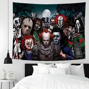 Horror Movie Character Collage Design Large Tapestry, Classic Slasher Multiple Sizes Polyester Fabric for Wall Decoration, Easy to Clean and Maintain. Soft and Durable Material, Suitable for Homes and Parties. Great Gift for Family And Friends