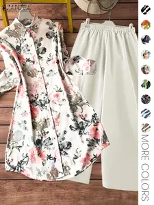 Two-piece Set Women's All Over Print Button Shirt & Wide Leg Pants, Casual Long Sleeve Collared Top & Trousers for Daily Wear, Ladies Clothes for All Seasons