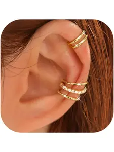 4 Pairs Ear Cuffs Non Piercing - 14K gold plated Ear Cuff Earrings for Women Ear Cuff for Non Pierced Ears Clip on Cartilage Earring Adjustable Fake Earrings Set Hoop Earrings