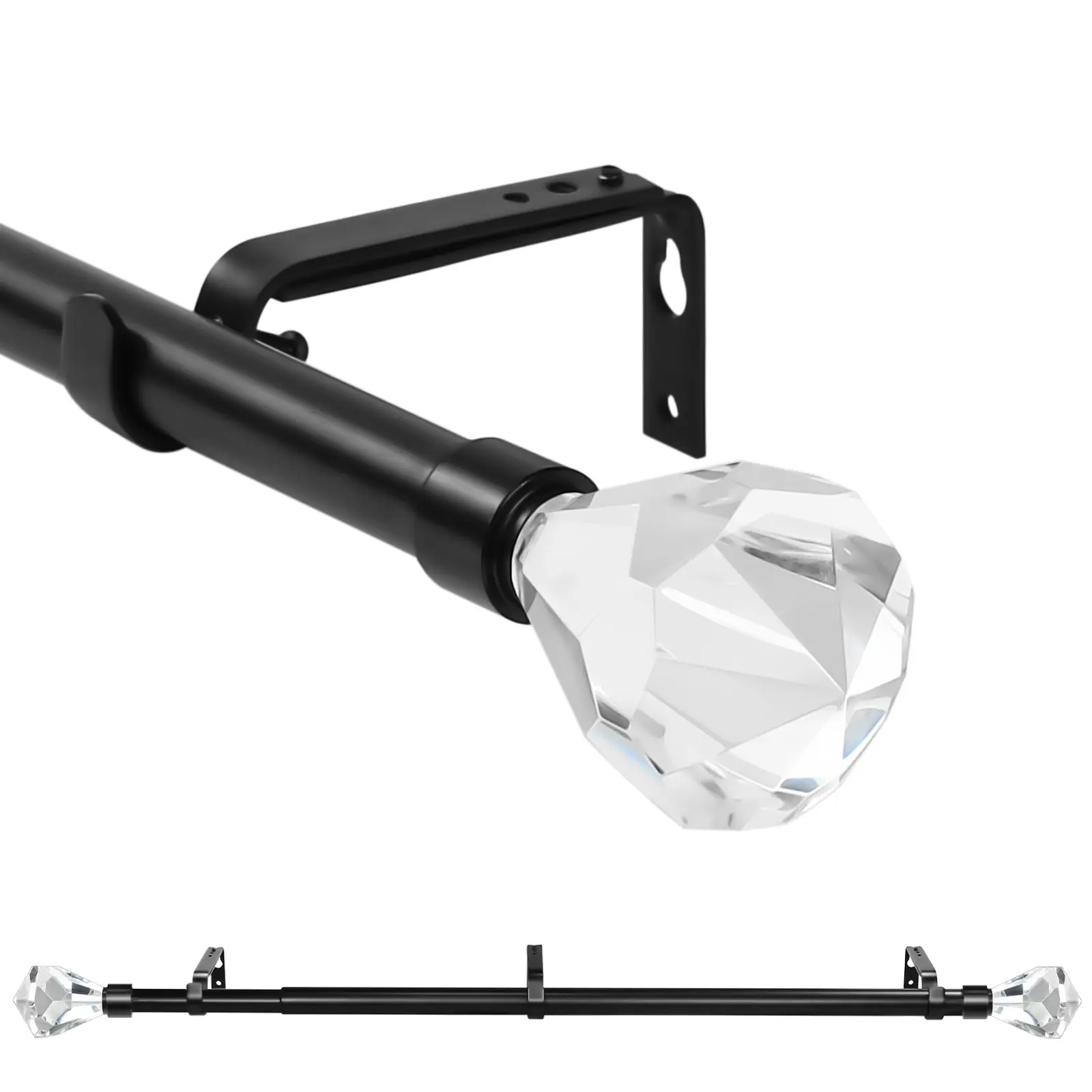Urbanest 3/4 in Straight Adjustable Acrylic Curtain Rod Complete Kit with Crystal Diamond Finials, Easy Install, Multiple Lengths (28"-48"/48"-84"/84"-120"), Bedroom, Black/Brush Steel/Antique Brass