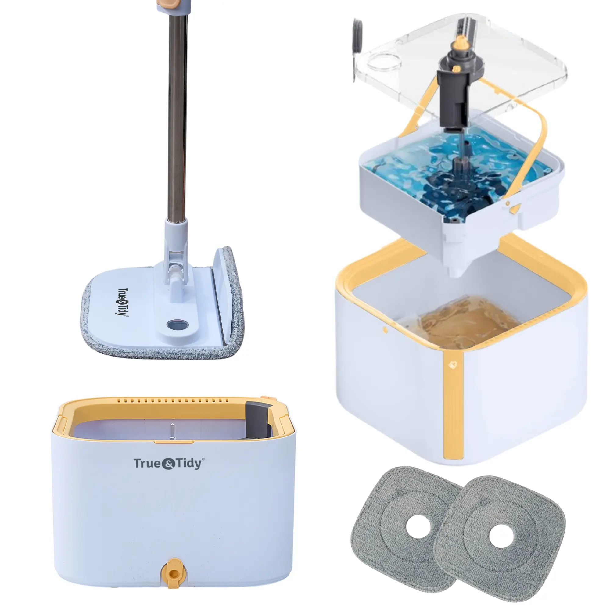 Yellow True & Tidy Spin Mop 2.0 With Removable Bucket -Two Reusable Mop Pads and Built In Hidden Brush