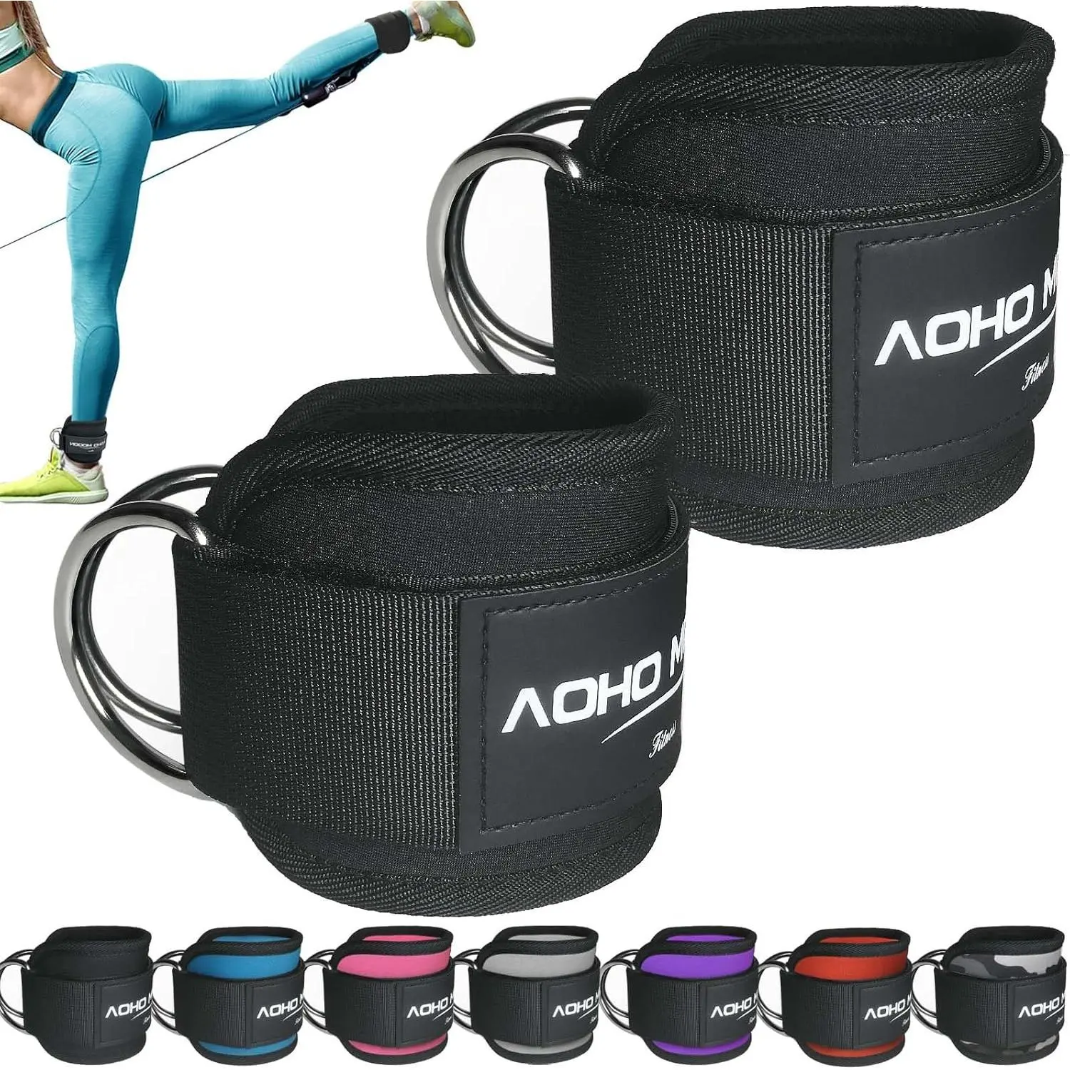 Unisex Padded Neoprene Ankle Straps (Pair Pack, Workout Band) for Cable Machines & Gym, Breathable Adjustable Cuffs with Double-D-Ring for Glute Kickbacks & Leg Workouts, One Size